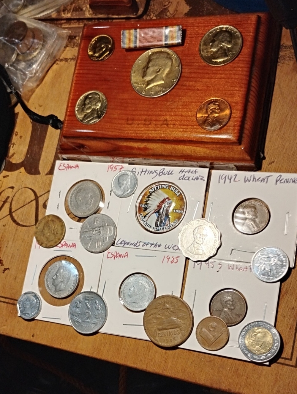 Vintage Coin Collection Display with Wooden Case - Brown & Gold Coins